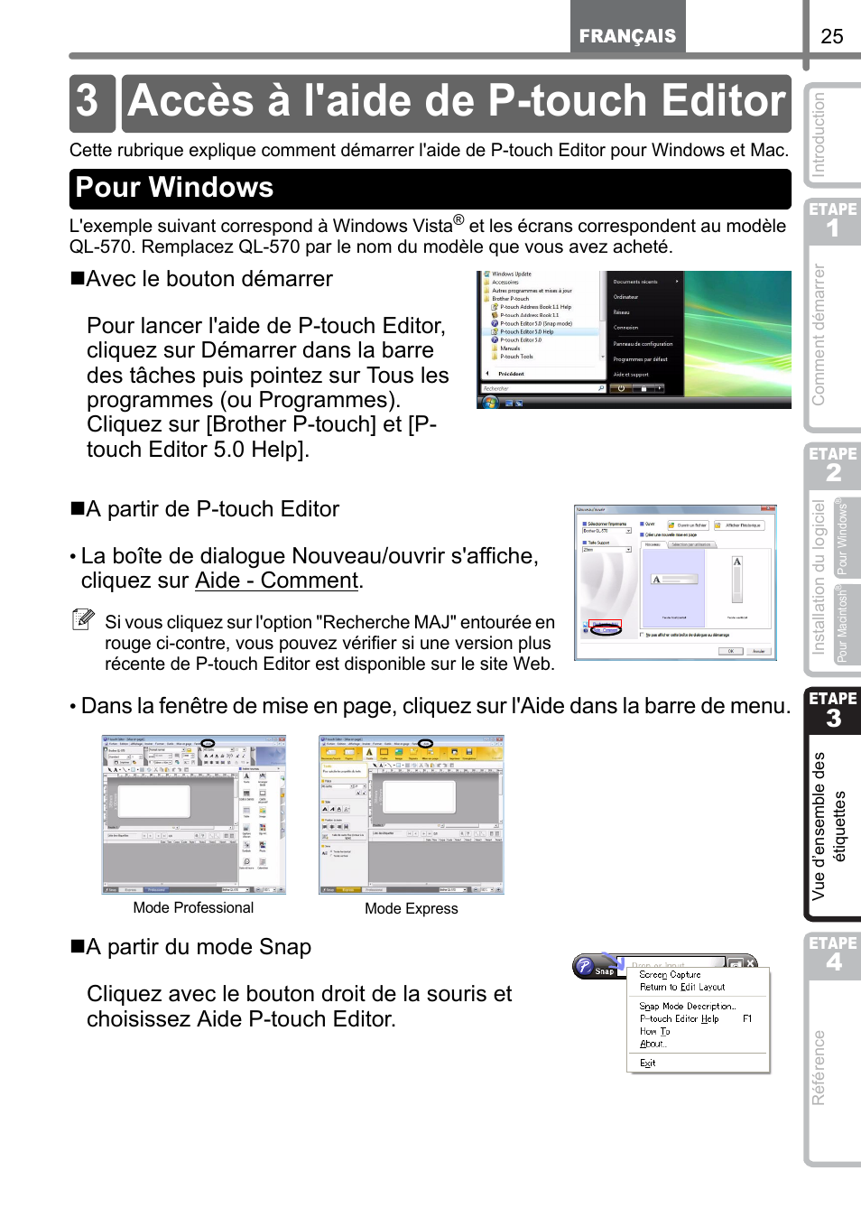 Accès à l'aide de p-touch editor, Pour windows, 3 accès à l'aide de p-touch editor | Brother QL-1060N User Manual | Page 87 / 121