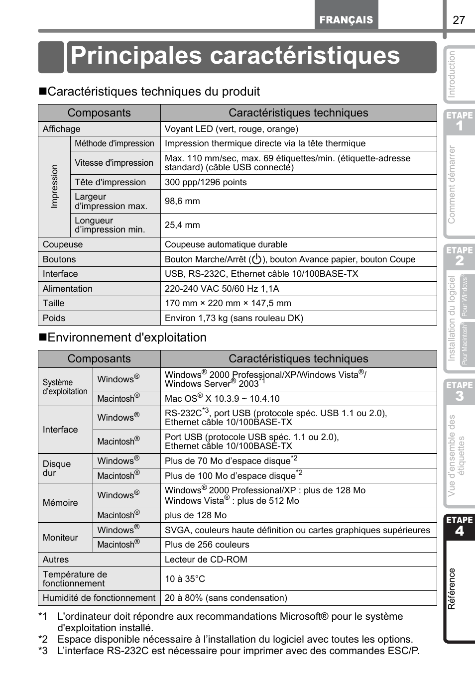 Référence, Principales caractéristiques, Référ | Ence, Érence, Etape, Férence, Composants caractéristiques techniques | Brother QL-1060N User Manual | Page 89 / 121