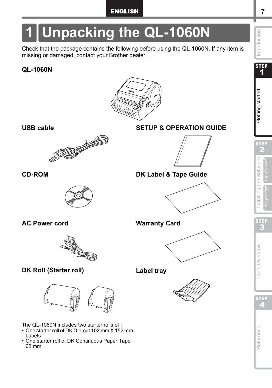 Getting started, Unpacking the ql-1060n, Getting starte | Step | Brother QL-1060N User Manual | Page 9 / 121