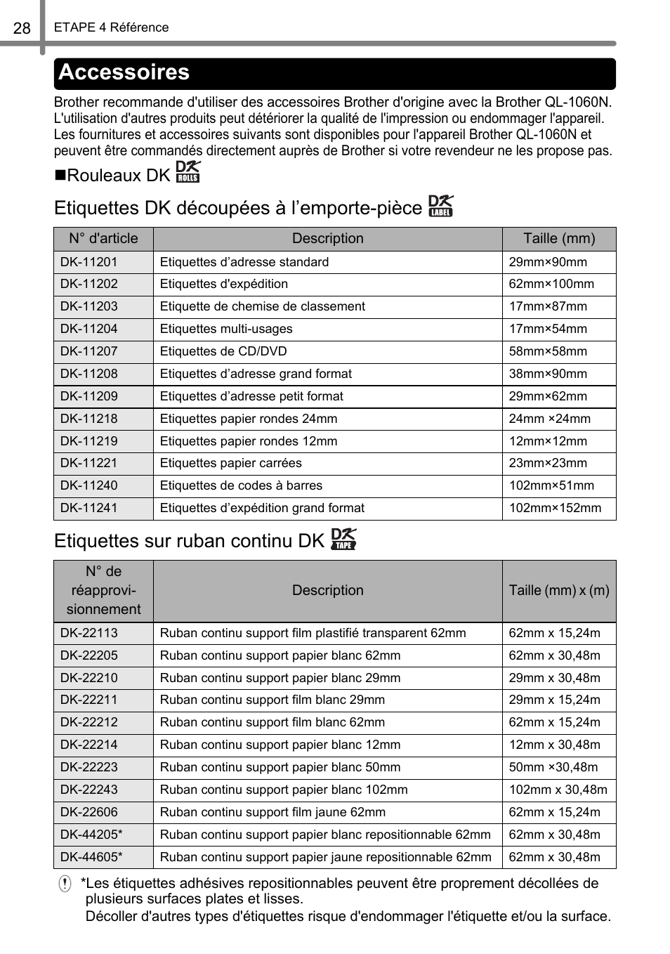 Accessoires, Rouleaux dk | Brother QL-1060N User Manual | Page 90 / 121