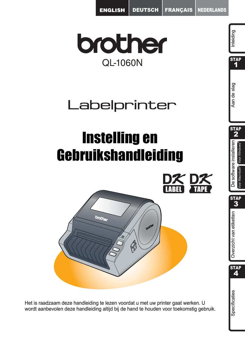 Nederlands, Instelling en gebruikshandleiding | Brother QL-1060N User Manual | Page 91 / 121