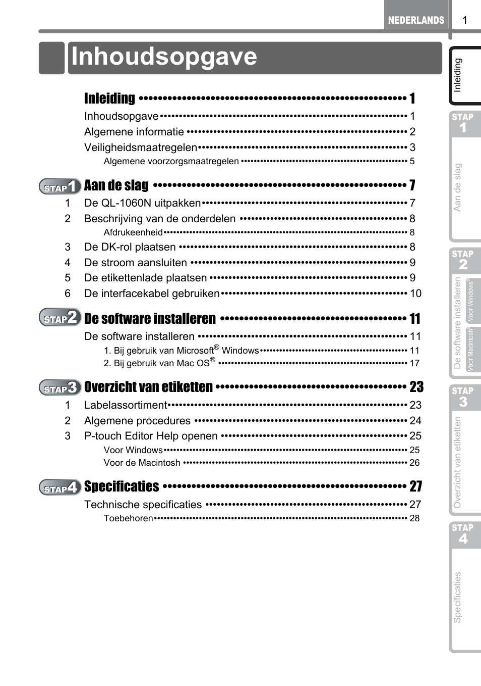 Inleiding, Inhoudsopgave, Eiding | Brother QL-1060N User Manual | Page 93 / 121