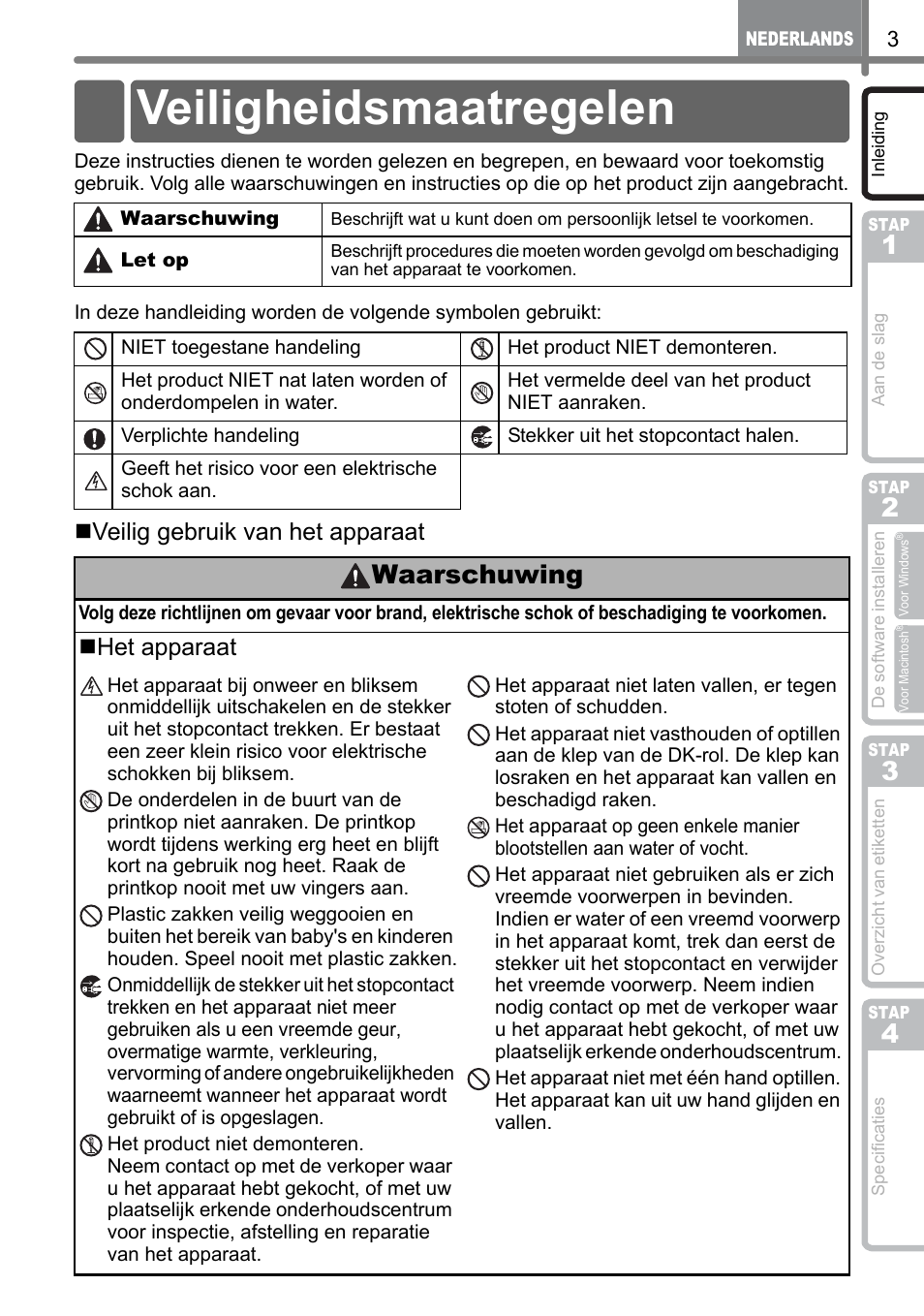 Veiligheidsmaatregelen, Waarschuwing, Veilig gebruik van het apparaat | Het apparaat | Brother QL-1060N User Manual | Page 95 / 121