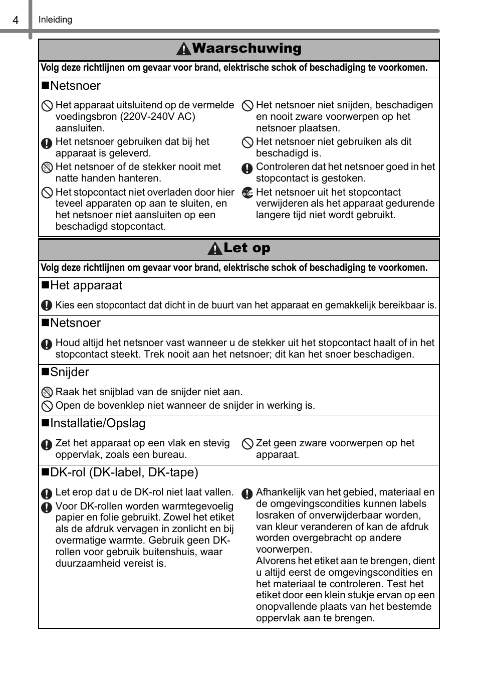 Let op, Waarschuwing | Brother QL-1060N User Manual | Page 96 / 121