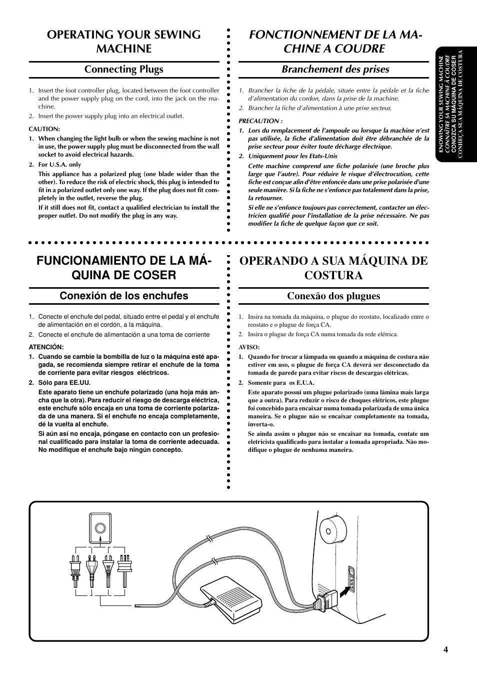 Operating your sewing machine, Fonctionnement de la ma- chine a coudre, Funcionamiento de la má- quina de coser | Operando a sua máquina de costura, Branchement des prises, Connecting plugs, Conexión de los enchufes, Conexão dos plugues | Brother LS-1717 User Manual | Page 14 / 82