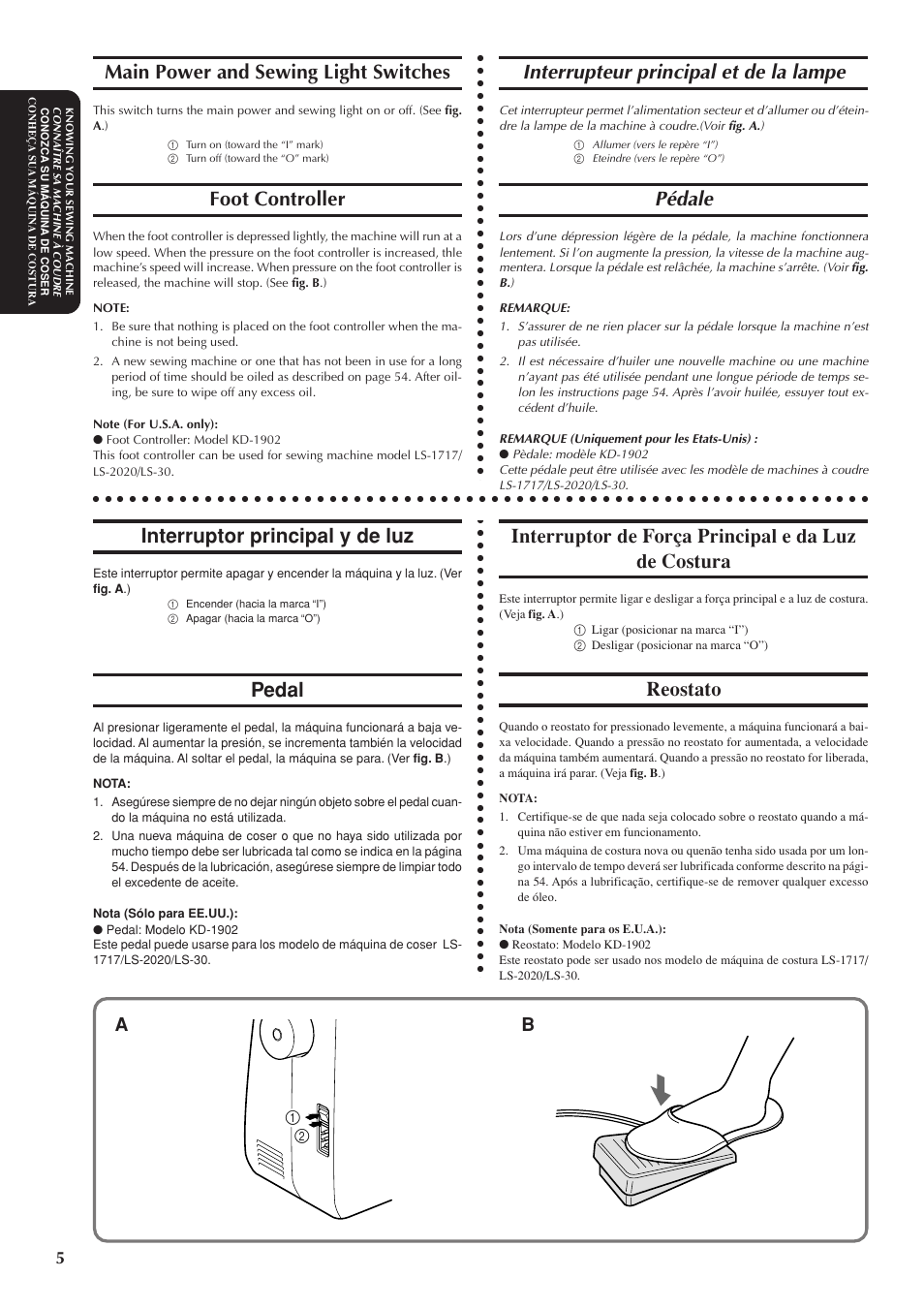 Interrupteur principal et de la lampe, Pédale, Main power and sewing light switches | Foot controller, Interruptor principal y de luz, Pedal, Interruptor de força principal e da luz de costura, Reostato | Brother LS-1717 User Manual | Page 15 / 82