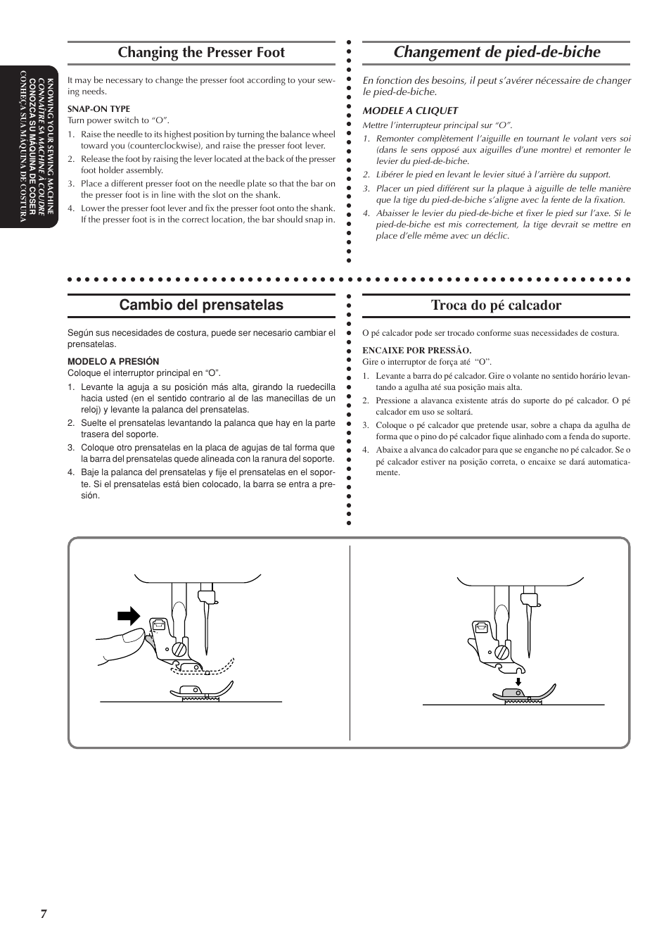 Changement de pied-de-biche, Changing the presser foot, Cambio del prensatelas | Troca do pé calcador | Brother LS-1717 User Manual | Page 17 / 82