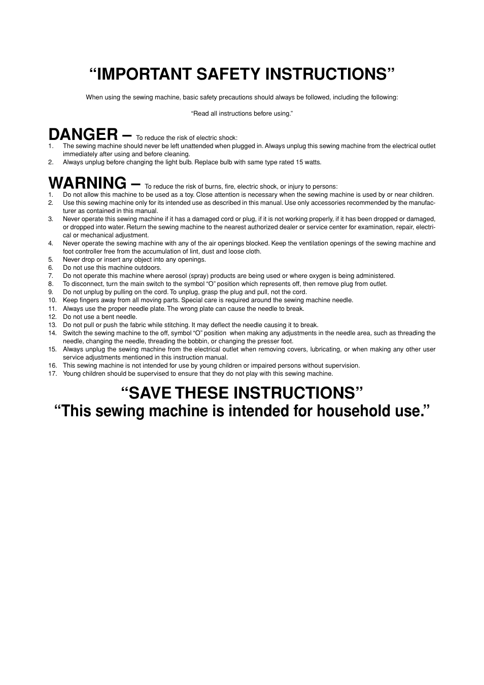 Important safety instructions, Danger, Warning | Brother LS-1717 User Manual | Page 2 / 82