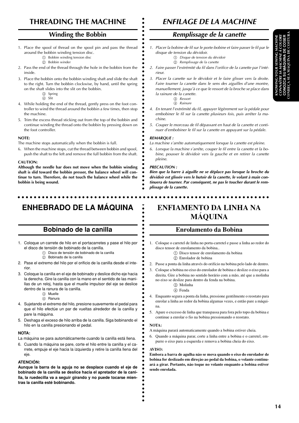 Threading the machine, Enfilage de la machine, Remplissage de la canette | Winding the bobbin, Enrolamento da bobina, Bobinado de la canilla | Brother LS-1717 User Manual | Page 24 / 82