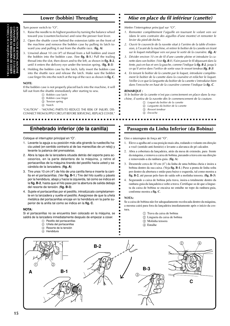 Mise en place du fil inférieur (canette), Lower (bobbin) threading, Enhebrado inferior (de la canilla) | Passagem da linha inferior (da bobina), Ab-1 b-2 b-3 c | Brother LS-1717 User Manual | Page 25 / 82