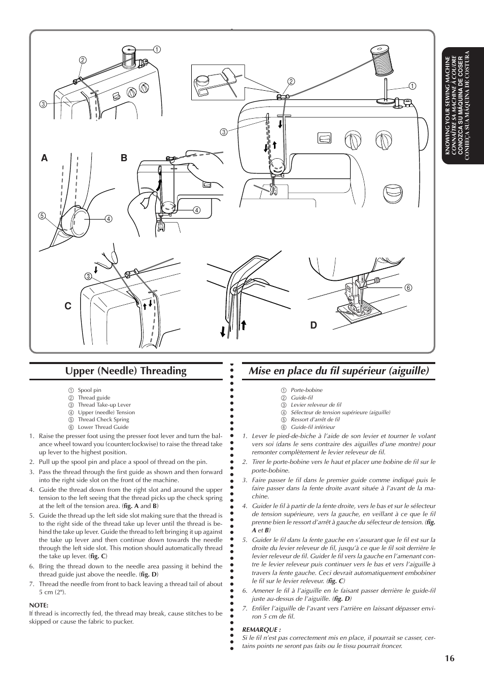 Mise en place du fil supérieur (aiguille), Upper (needle) threading, Ab c d | Brother LS-1717 User Manual | Page 26 / 82