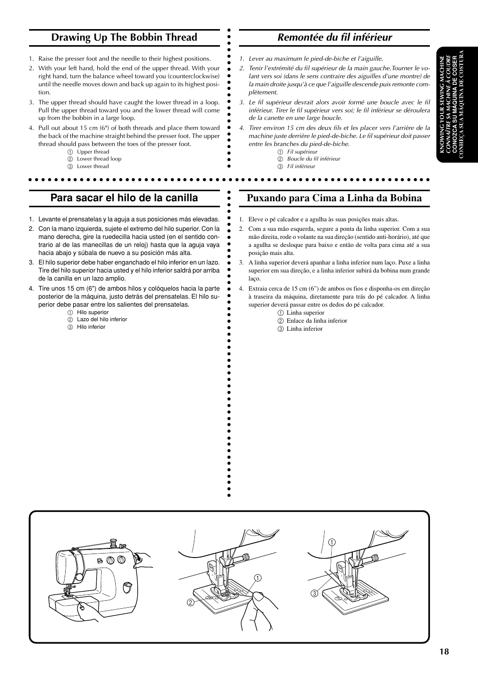 Remontée du fil inférieur, Drawing up the bobbin thread, Para sacar el hilo de la canilla | Puxando para cima a linha da bobina | Brother LS-1717 User Manual | Page 28 / 82