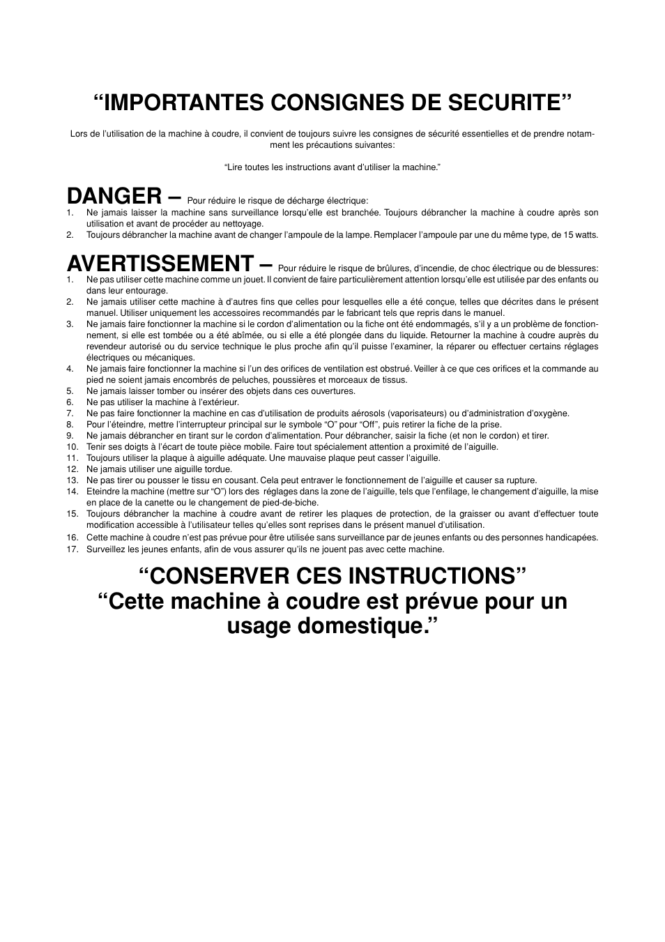 Importantes consignes de securite, Danger, Avertissement | Brother LS-1717 User Manual | Page 3 / 82