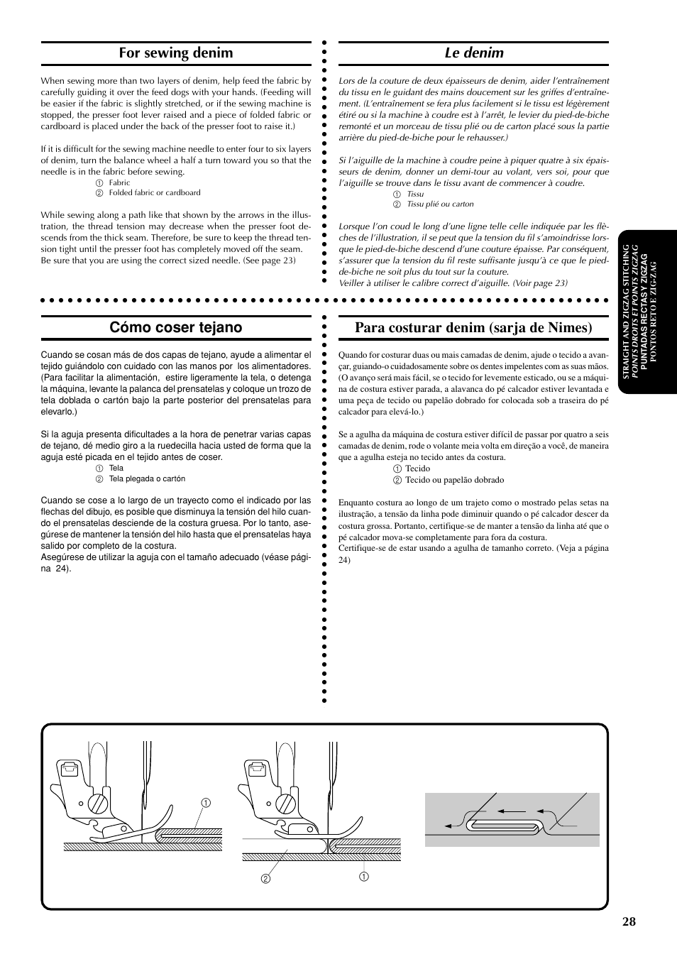 Le denim, For sewing denim, Cómo coser tejano | Para costurar denim (sarja de nimes) | Brother LS-1717 User Manual | Page 38 / 82