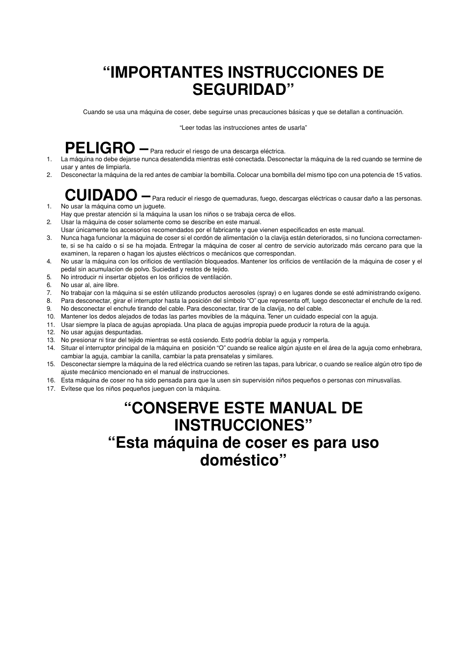 Importantes instrucciones de seguridad, Peligro, Cuidado | Brother LS-1717 User Manual | Page 4 / 82