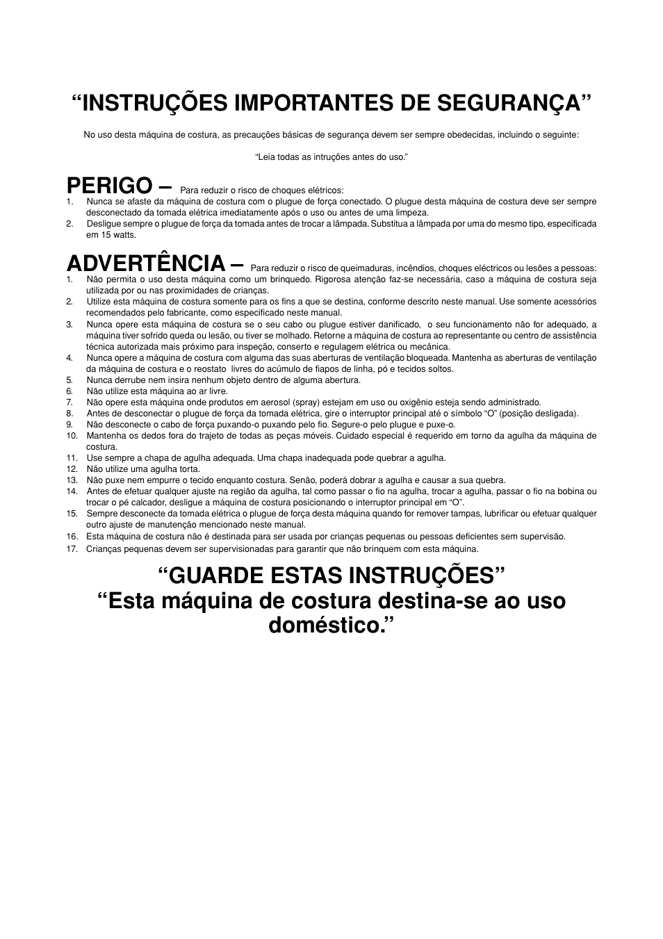 Instruções importantes de segurança, Perigo, Advertência | Brother LS-1717 User Manual | Page 5 / 82