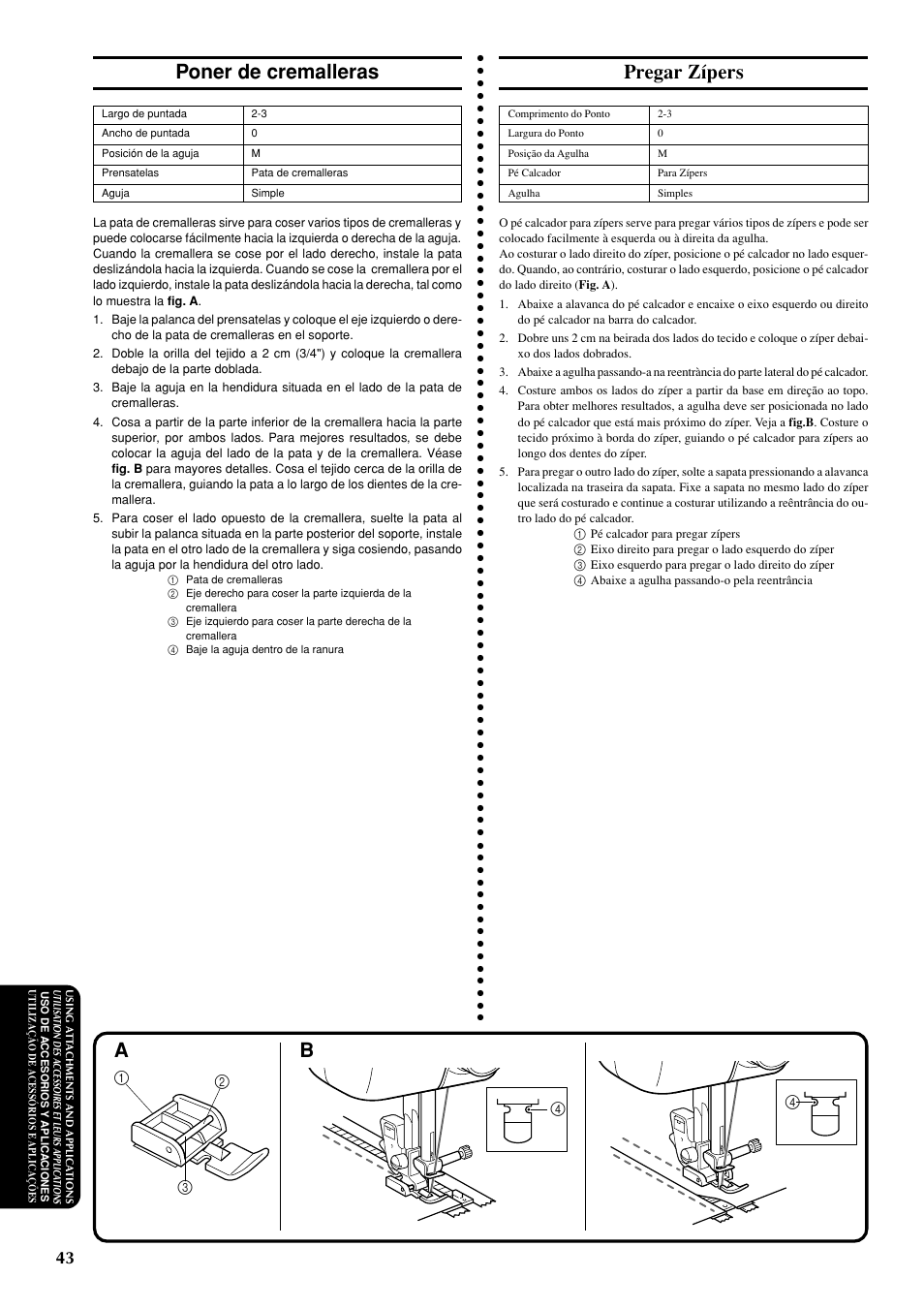 Poner de cremalleras, Pregar zípers | Brother LS-1717 User Manual | Page 53 / 82