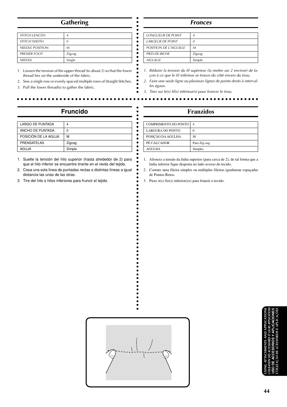 Fronces, Gathering, Fruncido | Franzidos | Brother LS-1717 User Manual | Page 54 / 82