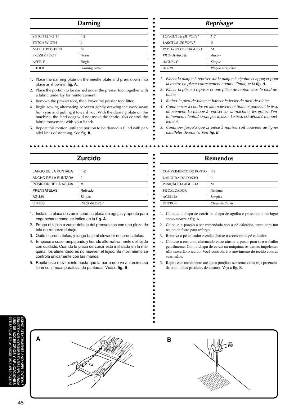 Reprisage, Darning, Zurcido | Remendos | Brother LS-1717 User Manual | Page 55 / 82