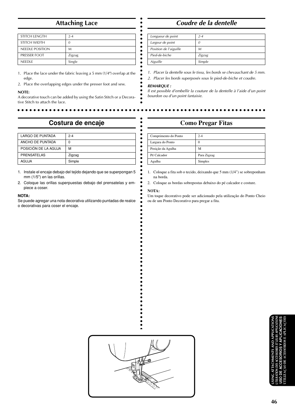 Coudre de la dentelle, Attaching lace, Costura de encaje | Como pregar fitas | Brother LS-1717 User Manual | Page 56 / 82