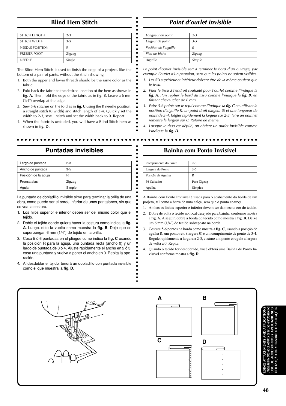 Point d’ourlet invisible, Blind hem stitch, Puntadas invisibles | Bainha com ponto invisível, Ab c d | Brother LS-1717 User Manual | Page 58 / 82