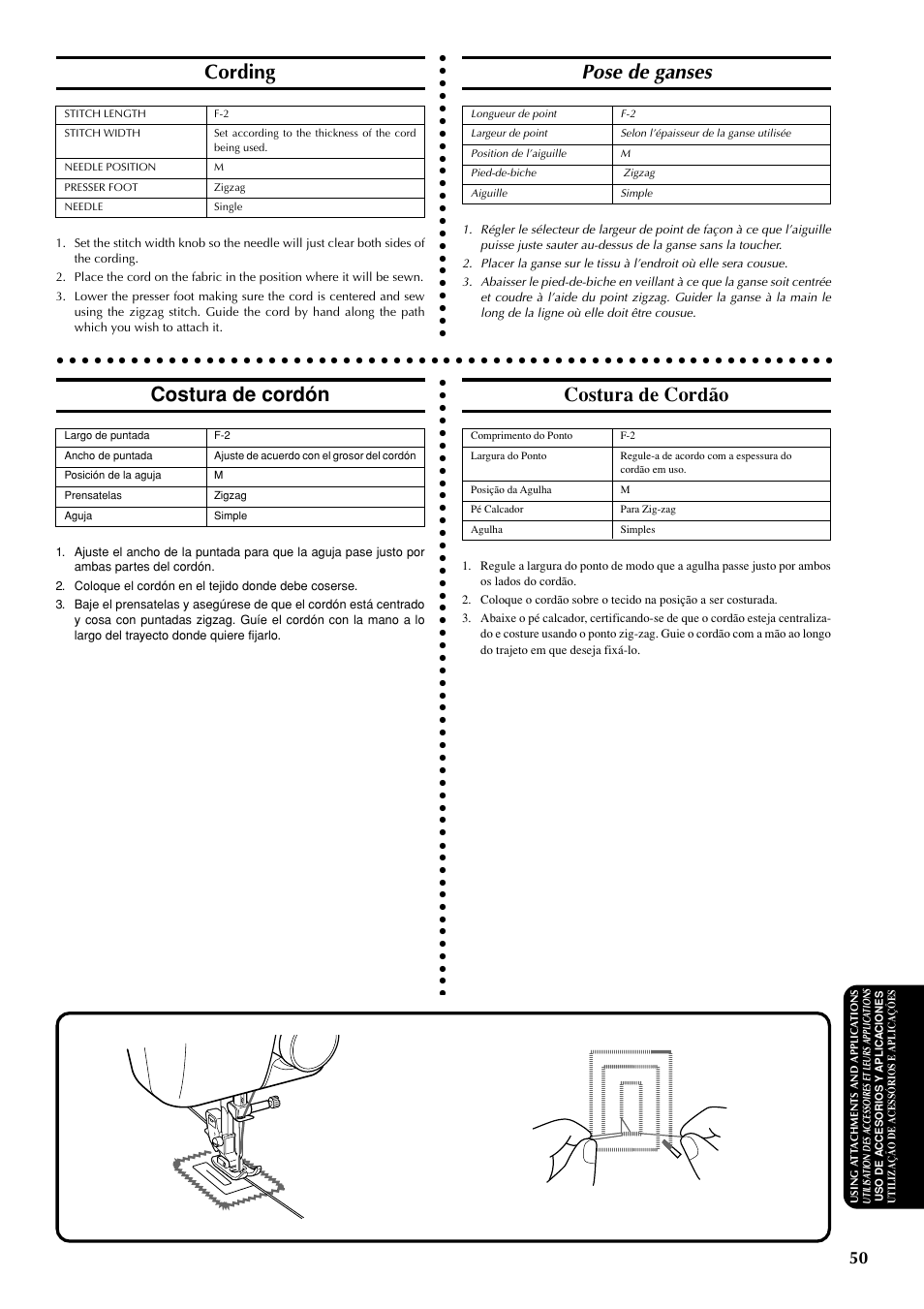 Pose de ganses, Cording, Costura de cordón | Costura de cordão | Brother LS-1717 User Manual | Page 60 / 82