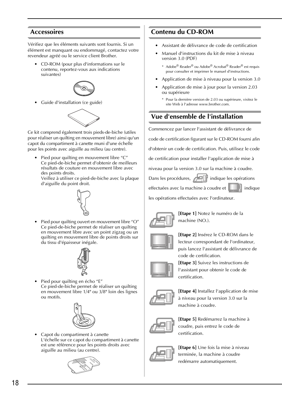 Accessoires, Contenu du cd-rom, Vue d'ensemble de l'installation | Brother Innov-is 4000D 4000 User Manual | Page 20 / 52