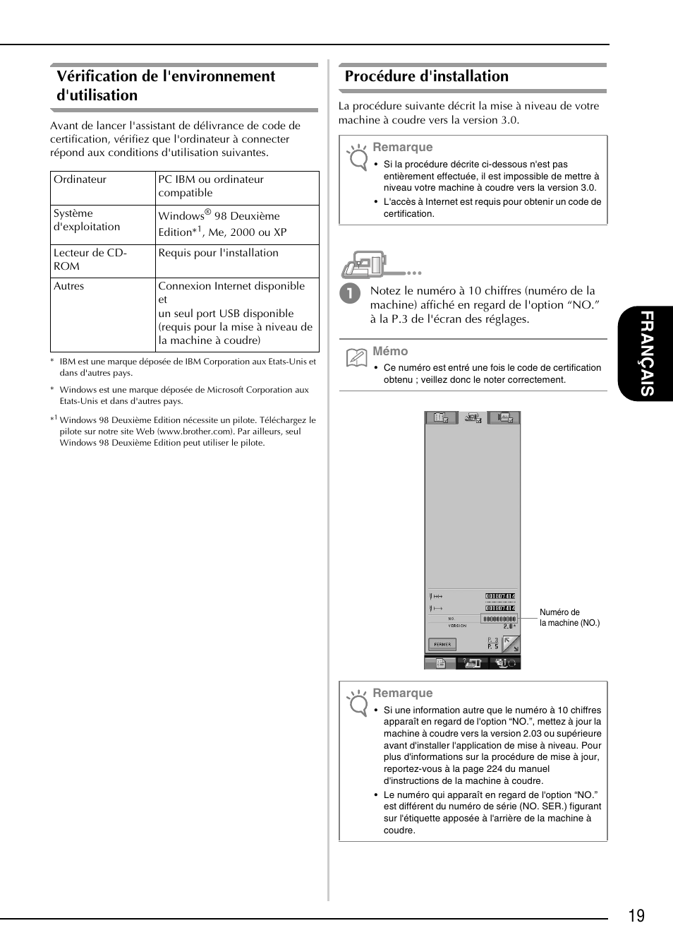 19 f ran ça is, Vérification de l'environnement d'utilisation, Procédure d'installation | Brother Innov-is 4000D 4000 User Manual | Page 21 / 52