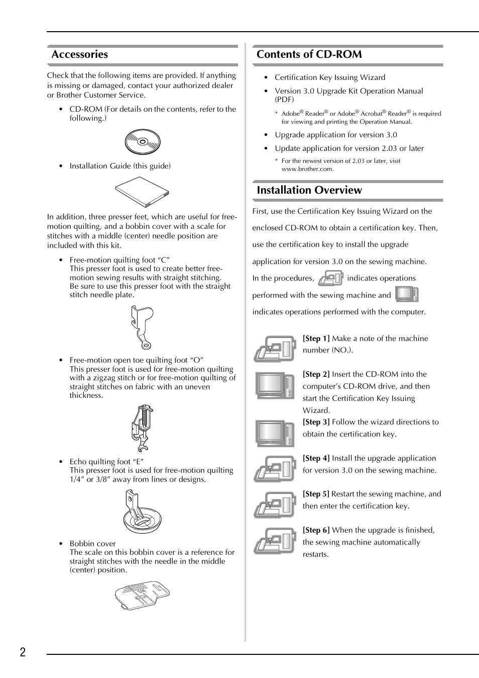 Accessories, Contents of cd-rom, Installation overview | Brother Innov-is 4000D 4000 User Manual | Page 4 / 52