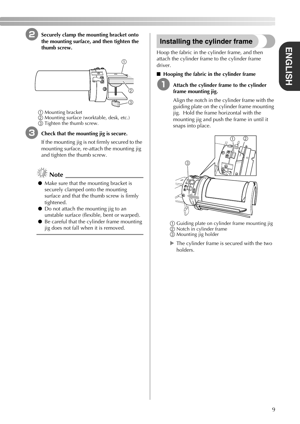 English, Installing the cylinder frame | Brother PR-620 620C 600II 600IIC User Manual | Page 11 / 52