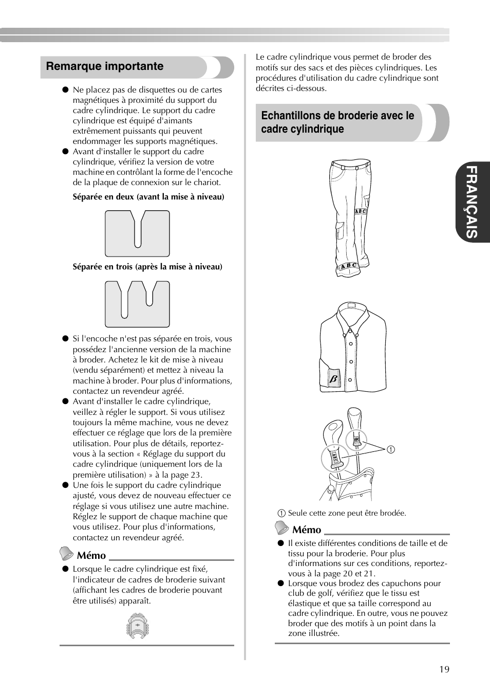 Français, Remarque importante, Echantillons de broderie avec le cadre cylindrique | Brother PR-620 620C 600II 600IIC User Manual | Page 21 / 52