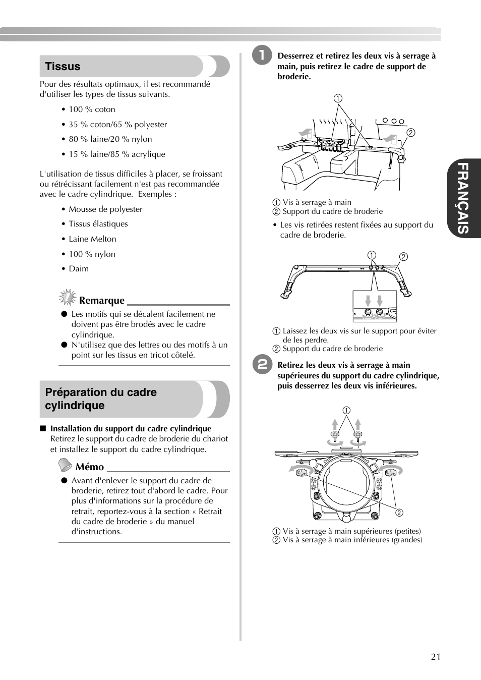 Français, Tissus, Préparation du cadre cylindrique | Brother PR-620 620C 600II 600IIC User Manual | Page 23 / 52