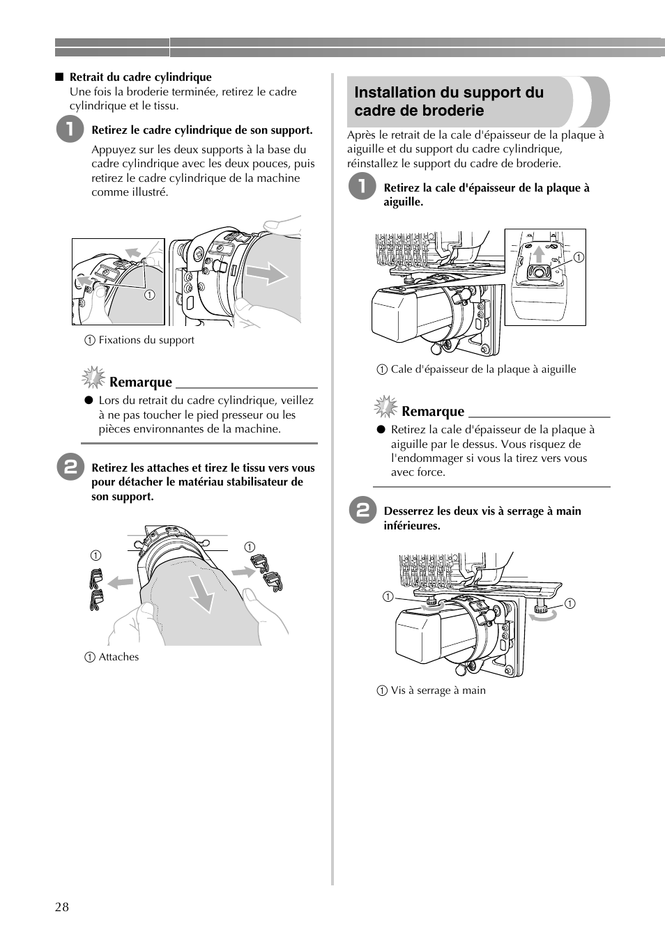 Installation du support du cadre de broderie, Remarque | Brother PR-620 620C 600II 600IIC User Manual | Page 30 / 52