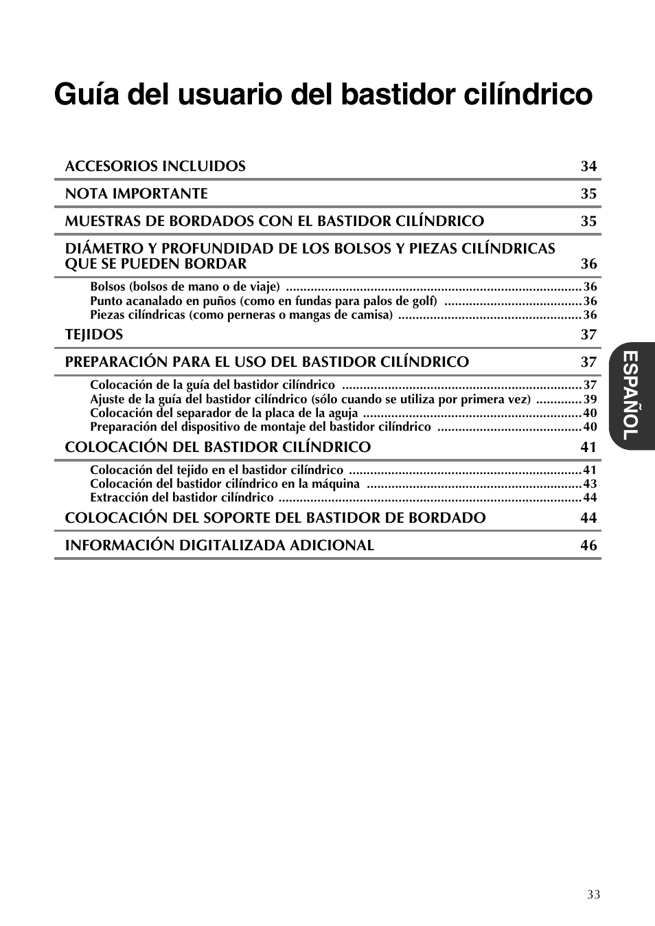 Guía del usuario del bastidor cilíndrico, Esp añol | Brother PR-620 620C 600II 600IIC User Manual | Page 35 / 52