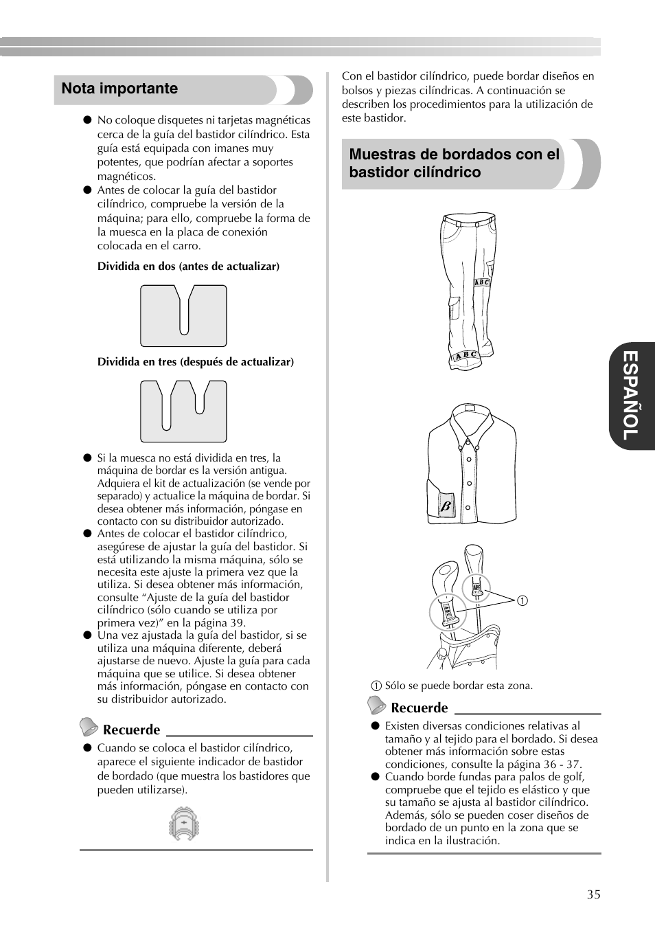 Esp añol, Nota importante, Muestras de bordados con el bastidor cilíndrico | Brother PR-620 620C 600II 600IIC User Manual | Page 37 / 52