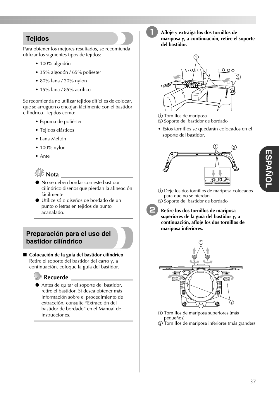 Esp añol, Tejidos, Preparación para el uso del bastidor cilíndrico | Brother PR-620 620C 600II 600IIC User Manual | Page 39 / 52