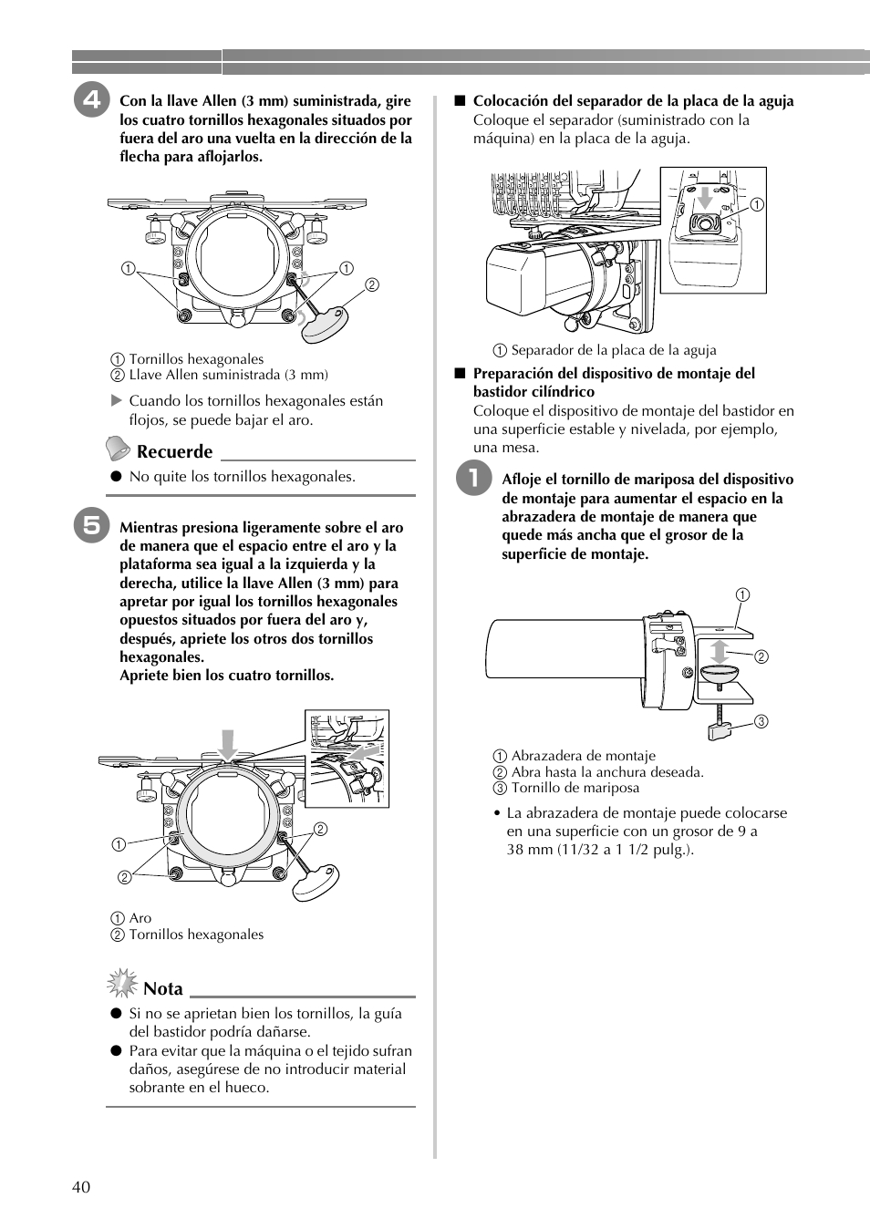 Recuerde, Nota | Brother PR-620 620C 600II 600IIC User Manual | Page 42 / 52