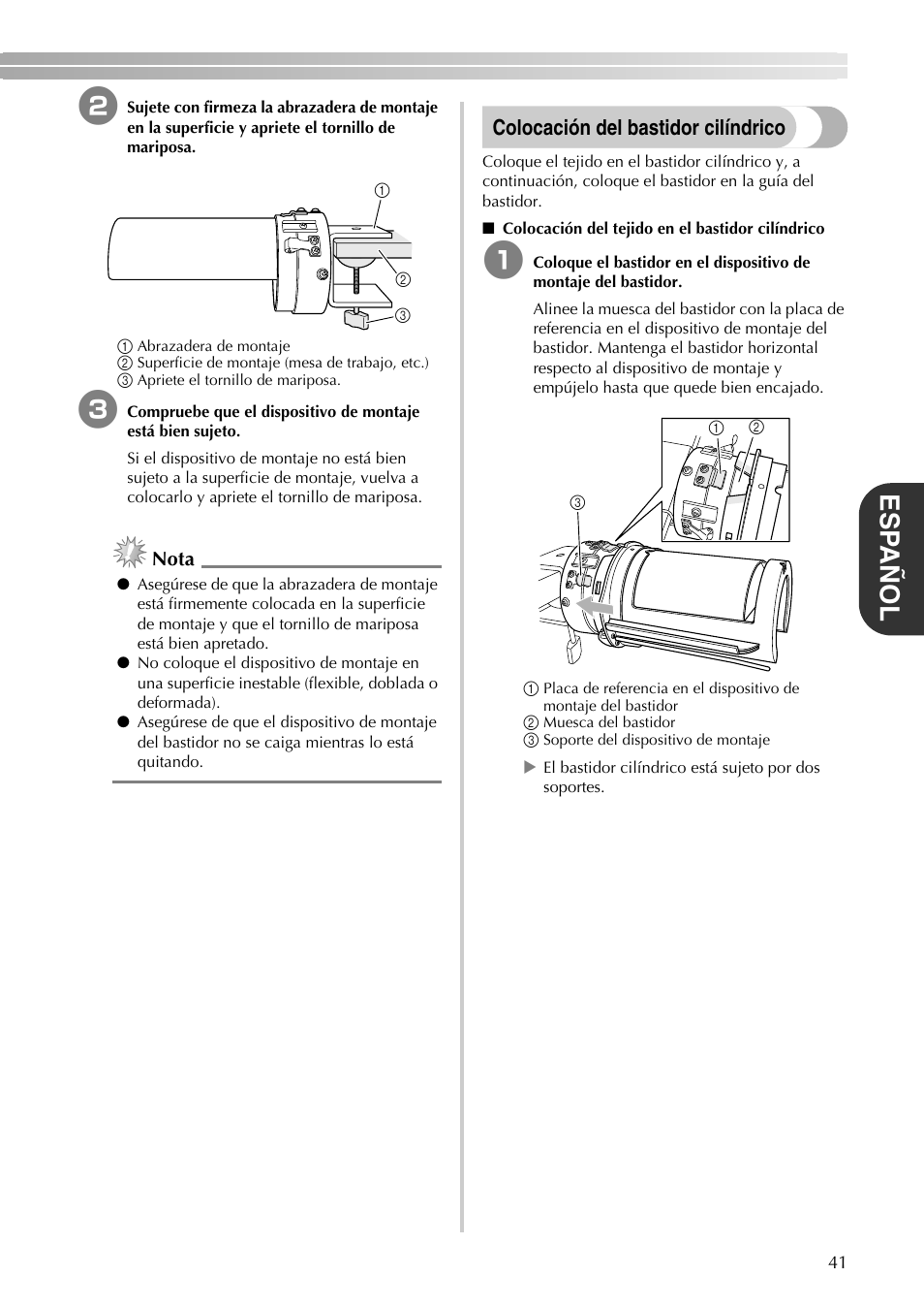 Esp añol, Colocación del bastidor cilíndrico | Brother PR-620 620C 600II 600IIC User Manual | Page 43 / 52