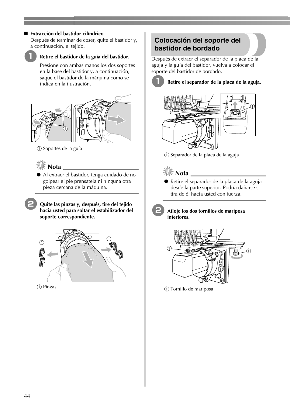 Colocación del soporte del bastidor de bordado, Nota | Brother PR-620 620C 600II 600IIC User Manual | Page 46 / 52