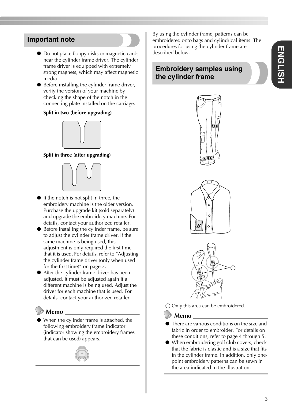 English, Embroidery samples using the cylinder frame | Brother PR-620 620C 600II 600IIC User Manual | Page 5 / 52