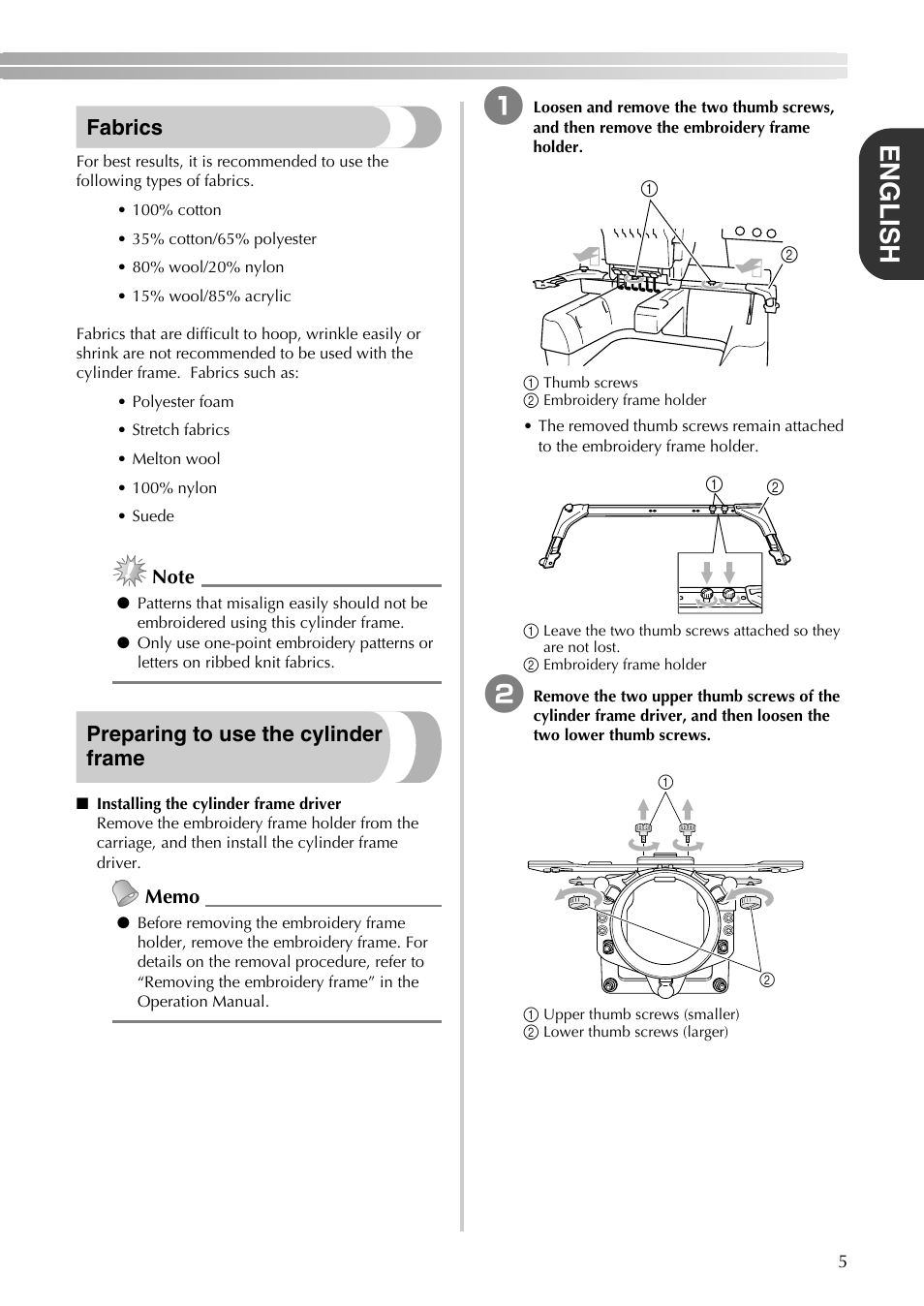 English, Fabrics, Preparing to use the cylinder frame | Brother PR-620 620C 600II 600IIC User Manual | Page 7 / 52