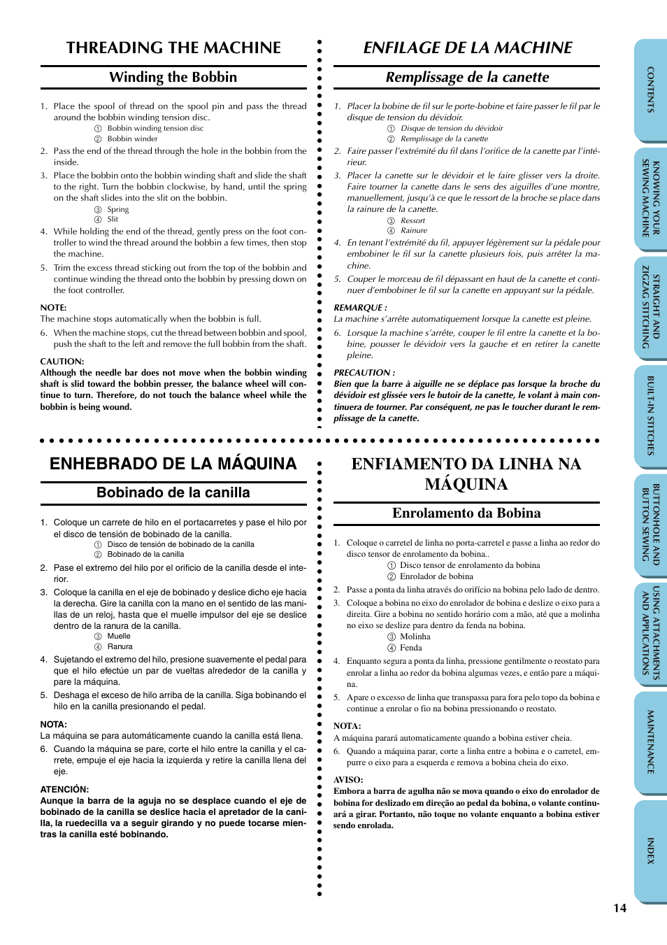 Threading the machine, Winding the bobbin, Enfilage de la machine | Enhebrado de la máquina, Enfiamento da linha na máquina, Remplissage de la canette, Bobinado de la canilla, Enrolamento da bobina | Brother LS-1217 User Manual | Page 24 / 81