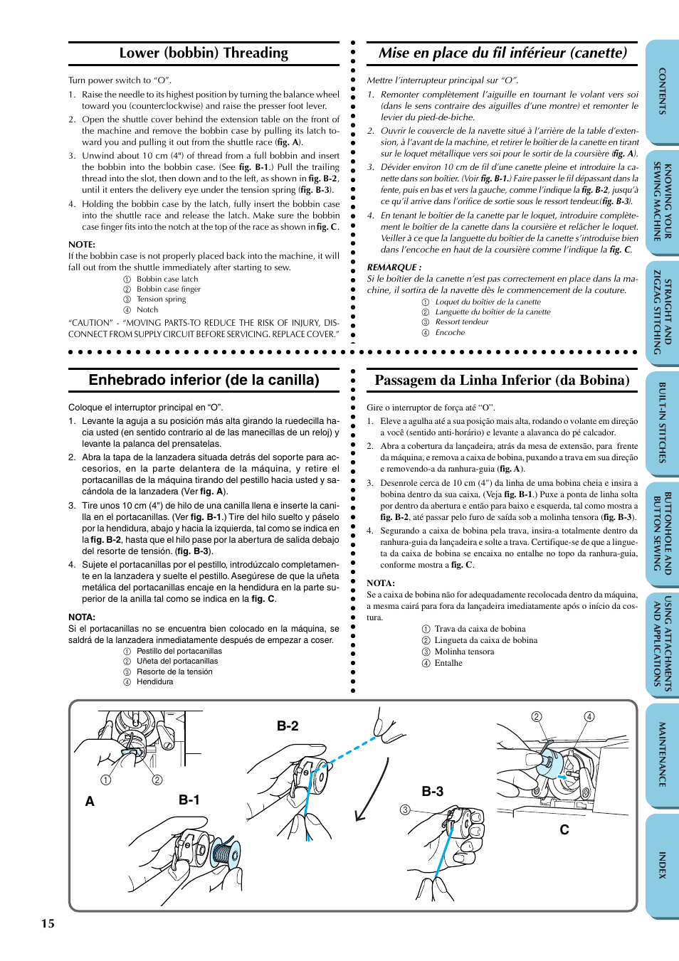 Lower (bobbin) threading, Mise en place du fil inférieur (canette), Enhebrado inferior (de la canilla) | Passagem da linha inferior (da bobina), Ab-1 b-2 b-3 c | Brother LS-1217 User Manual | Page 25 / 81