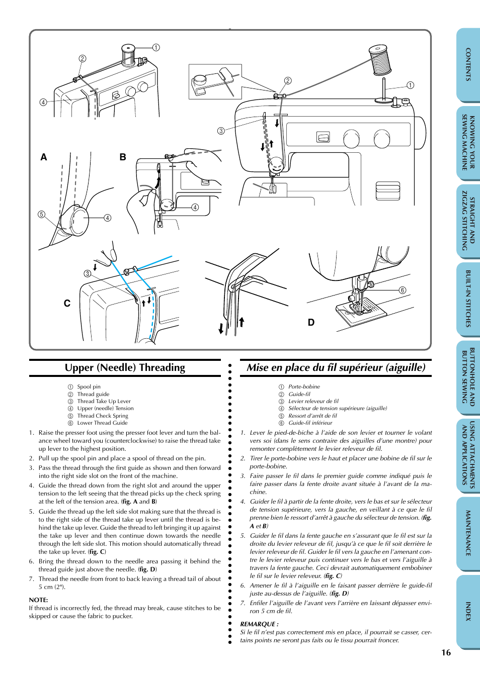 Upper (needle) threading, Mise en place du fil supérieur (aiguille), Ab c d | Brother LS-1217 User Manual | Page 26 / 81