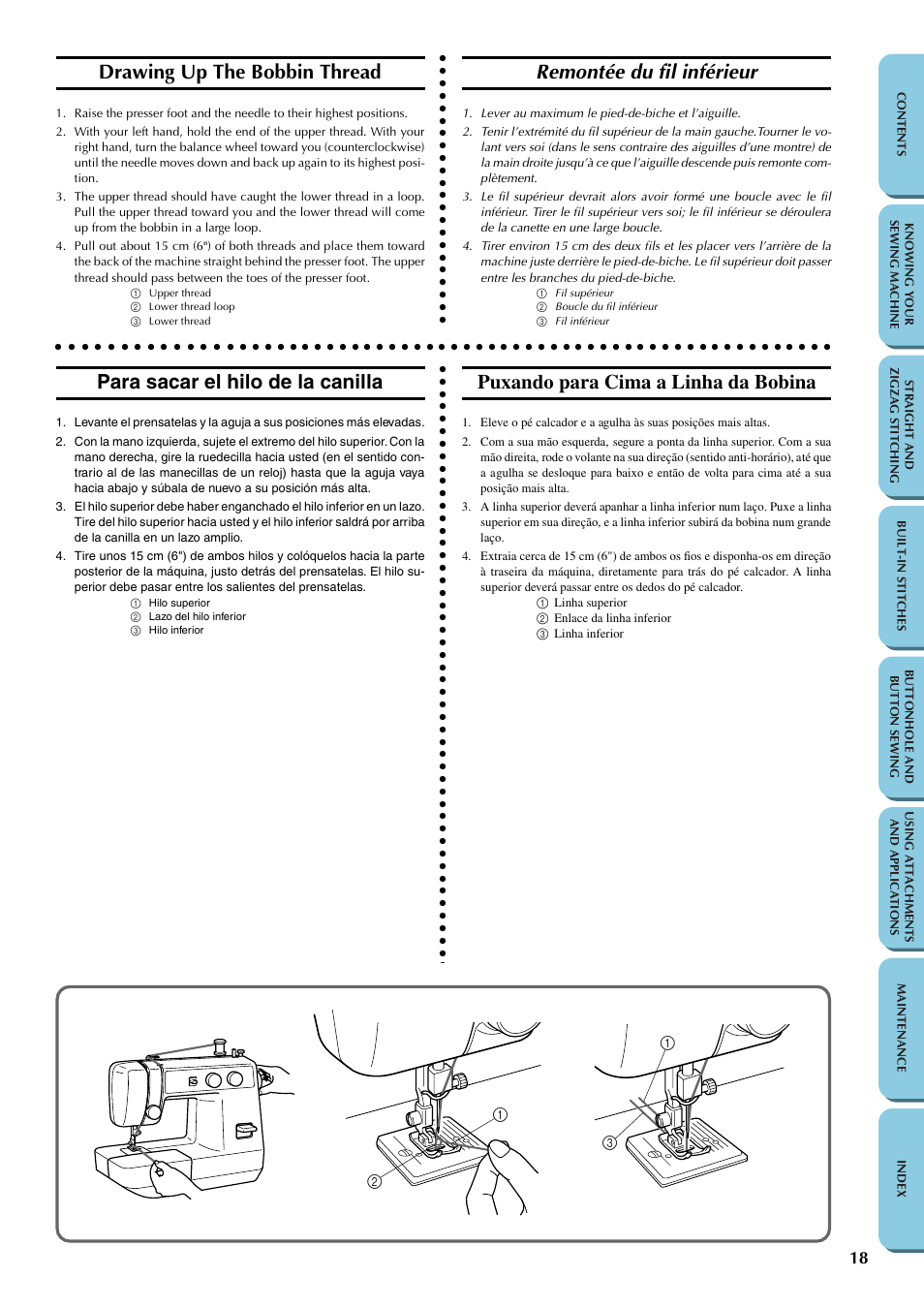 Drawing up the bobbin thread, Remontée du fil inférieur, Para sacar el hilo de la canilla | Puxando para cima a linha da bobina | Brother LS-1217 User Manual | Page 28 / 81