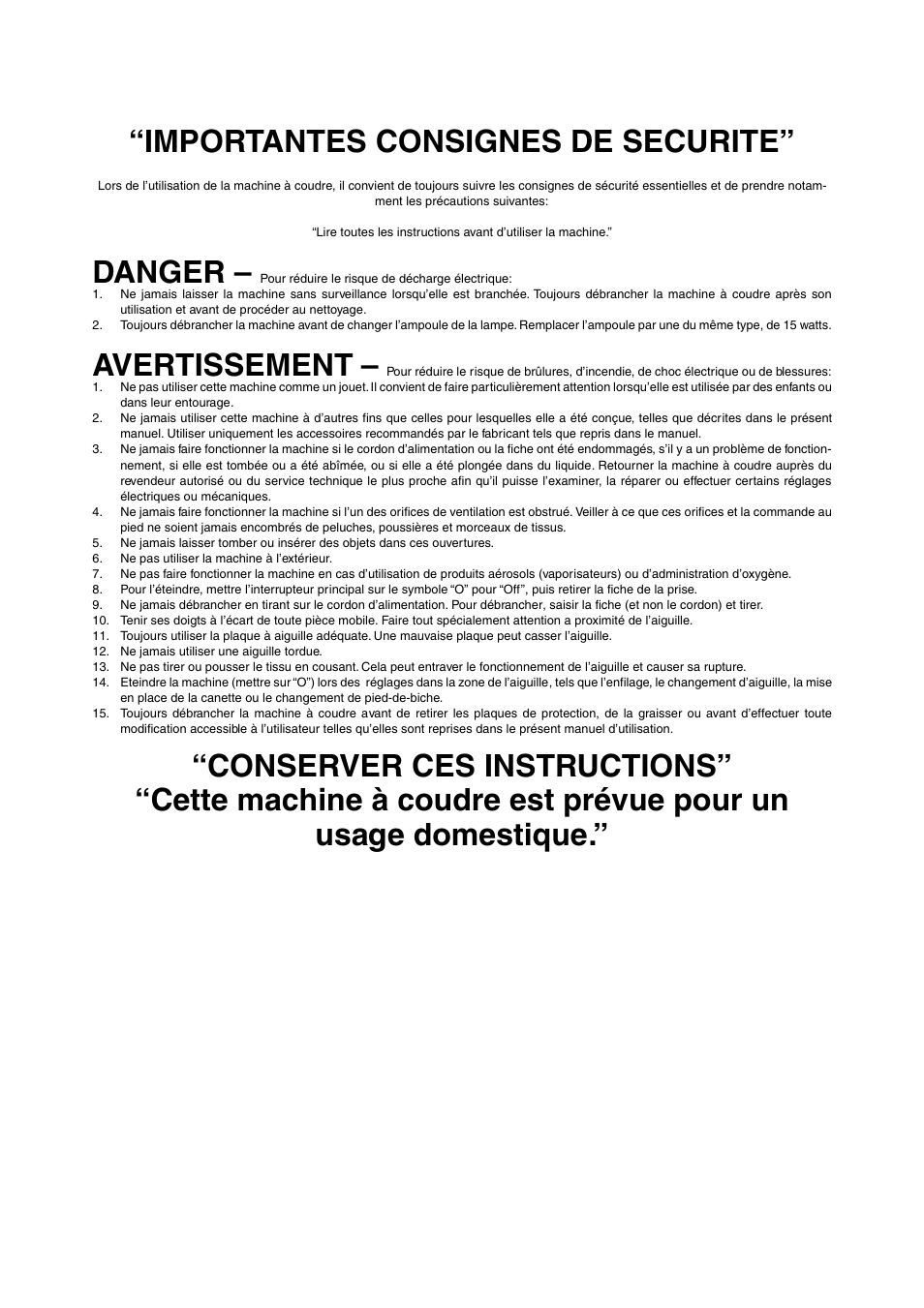 Importantes consignes de securite, Danger, Avertissement | Brother LS-1217 User Manual | Page 3 / 81