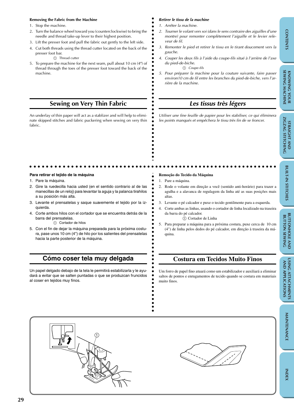 Sewing on very thin fabric, Les tissus très légers, Cómo coser tela muy delgada | Costura em tecidos muito finos | Brother LS-1217 User Manual | Page 39 / 81