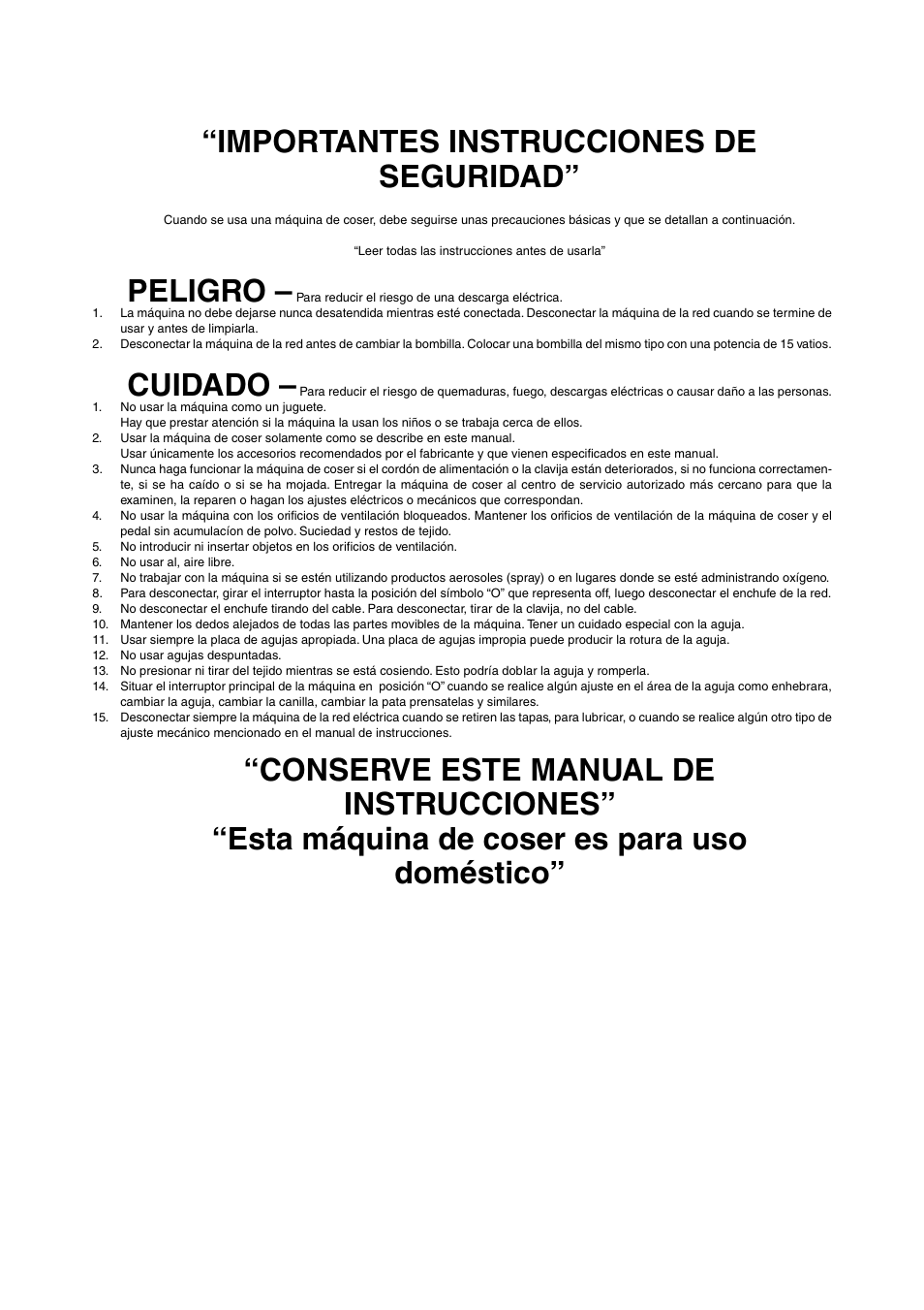Importantes instrucciones de seguridad, Peligro, Cuidado | Brother LS-1217 User Manual | Page 4 / 81