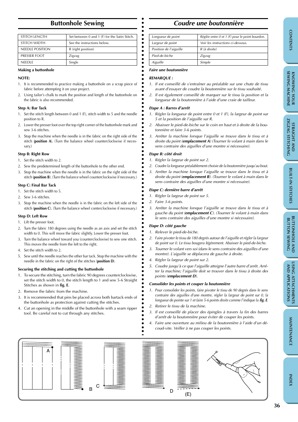 Buttonhole and button sewing, Buttonhole sewing, Buttonhole and | Button sewing, Coudre une boutonnière | Brother LS-1217 User Manual | Page 46 / 81