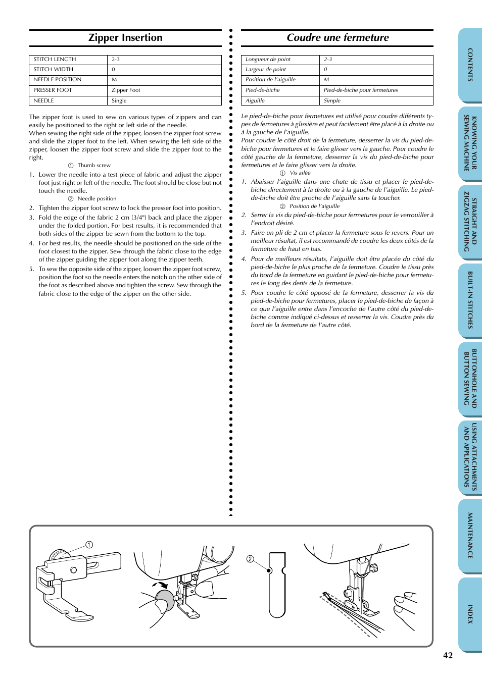 Using attachments and applications, Zipper insertion, Using attachments | And applications, Coudre une fermeture | Brother LS-1217 User Manual | Page 52 / 81